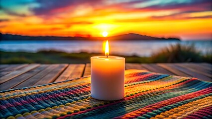 A lit candle on a colorful textile on a wooden table with a sunset over the sea in the background