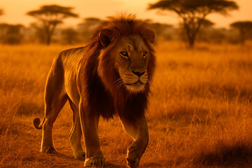 Obraz premium Majestic lion walking across the golden savannah