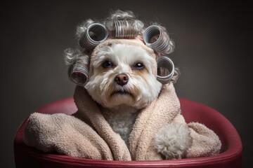 Small dog wrapped in a beige towel, head covered with hair curlers, sitting in a red chair, looking directly at the camera with a serious expression. Curly fur accentuates the scene