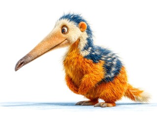 Fototapeta premium A cute cartoon prehistoric bird with orange and blue fur poses against a white background for children's illustrations.