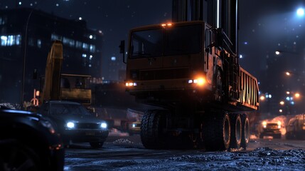 Nighttime construction scene featuring a large crane amidst snow-covered streets and city lights