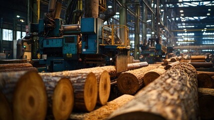 Industrial lumber processing in a factory, showcasing logs being prepared for production