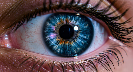 Stunning macro photograph capturing the intricate beauty of a human eye. Features a vibrant blue iris with fiery orange and yellow details, a dark pupil, and delicate eyelashes. Perfect for conceptual