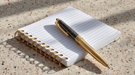 Spiral notepad with gold pen on tabletop