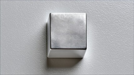 Square metallic object on gray wall