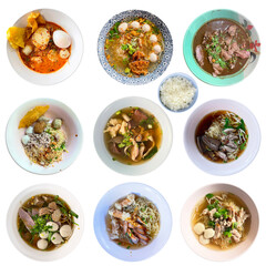 Set of Various Thai Noodle Dishes in bowls, Noodle, Di cut Background, isolated on Background.