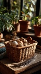 Fototapeta premium Peaceful quail eggs in wicker basket on sunlit windowsill with houseplants