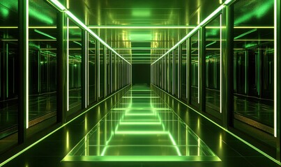 Obraz premium Green neon hallway, futuristic corridor, reflective floor, dark background, technology concept