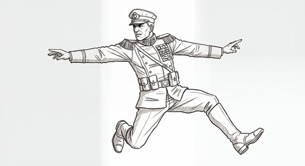 Military officer jumping monochrome illustration