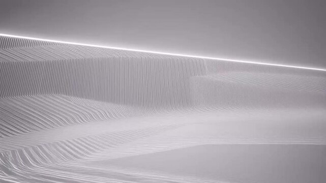 Elegant seamless looped background with light grey and white tones. Animated diagonal white stripes creating a soft, minimal geometric 3D effect. Metallic digital lines for a premium, luxury tech desi