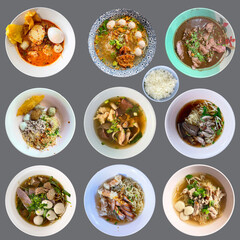 Set of Various Thai Noodle Dishes in bowls, Noodle, Di cut Background, isolated on Background.