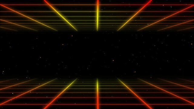 Retro dynamic grid background animation with top and bottom position. Orange and yellow color, outer glow.