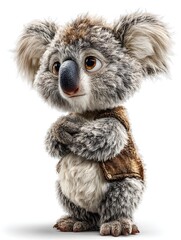 Obraz premium An adorable cartoon koala bear cub wea a brown leather vest stands against a white background.