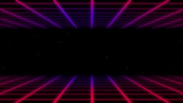 Retro dynamic grid background animation with top and bottom position. Purple and pink color, outer glow.