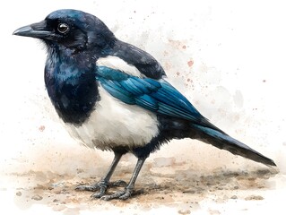 A detailed watercolor painting depicts a Eurasian magpie bird perched on light brown ground showcasing its striking black and white plumage with