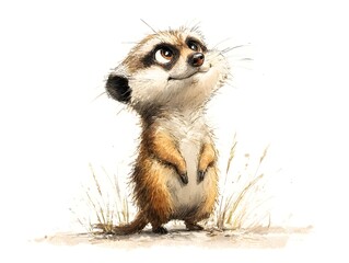 Fototapeta premium Adorable cartoon meerkat standing on hind legs looks up curiously with whical expression against a white background.