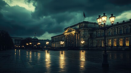 Dramatic, rainy night scene of a historic building.
