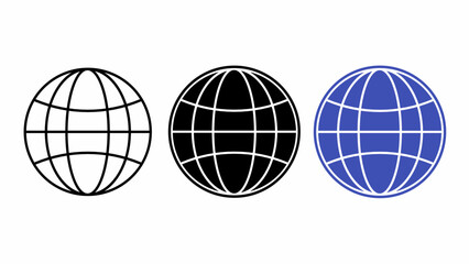 outline silhouette globe icon set : an outline globe, a filled black globe with white lines, and a filled blue globe with white lines. globe icon isolated white background