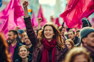 Fototapeta premium women empowerment : activists europe woman defending rights on 8 march demonstration international womens day. Purple colours. 
