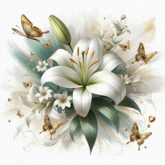 Delicate watercolor white lily with gold butterflies, Wedding background
