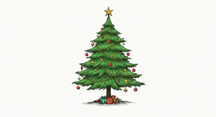 Classic Christmas Tree with Ornaments and Gifts Illustration