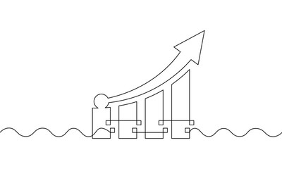 Continuous line drawing of increasing arrow up. Graph business growth. Single line art of bar chart. Illustration vector sign symbol. Flat icon