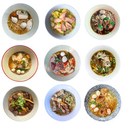 Set of Various Thai Noodle Dishes in bowls, Noodle, Di cut Background, isolated on Background.