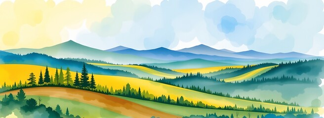 a landscape with rolling hills and mountains stretches across the scene. foreground hills feature vibrant yellow fields interspersed with clusters of green trees