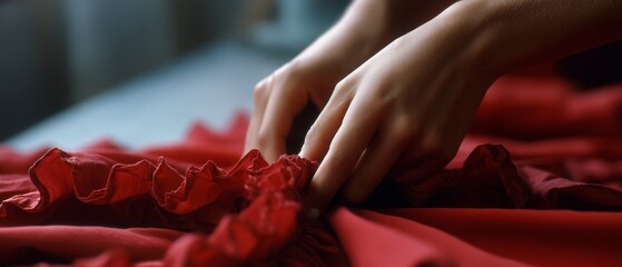 Close-up of hands delicately sewing vibrant red fabric, focusing on intricate details and texture.