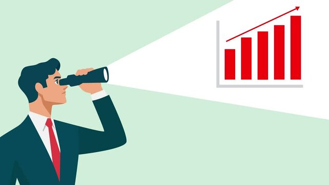 animation businessman looking through with binoculars showing increase graph.concept of growth business