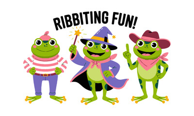 Modern vector illustration of three cute cartoon frogs , easily scalable and editable.