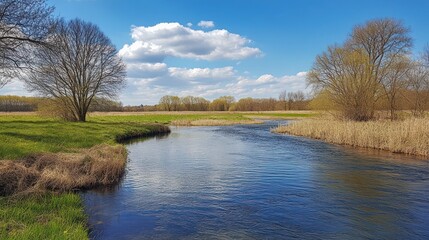 Fototapeta premium River Flows Through Green Meadow Landscape