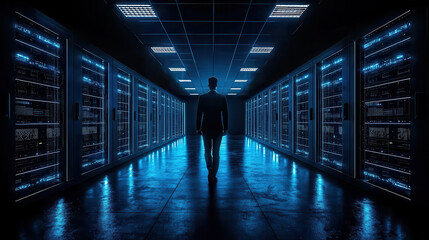Person walking through dark server room with glowing blue lights, representing cybersecurity and technology