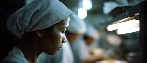 A focused chef works intently in a dimly lit kitchen, highlighting the dedication and artistry behind culinary creations.
