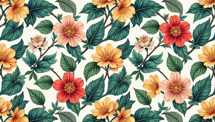 Intricate floral design with leaves and blossoms repeats seamlessly for a nature-inspired pattern , blossom, flowers
