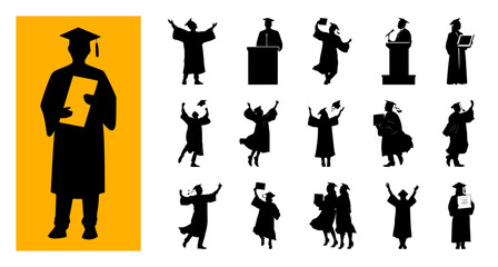 Graduation silhouette vector collection | Students celebrating, cap throwing, podium speech poses
