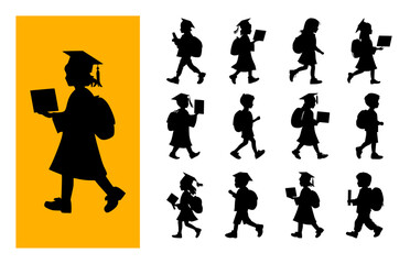 Obraz premium Kids graduation silhouette vector set | Children walking with diplomas, books, and backpacks