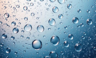 Close-up of clear water droplets on a gradient blue background.