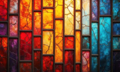 Abstract mosaic of vibrant stained glass in shades of red, orange, and blue.