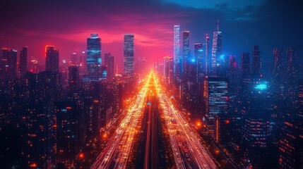 Fototapeta premium Neon Cityscape at Dusk: Aerial View of Shanghai's Vibrant Nightlife