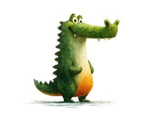 Obraz premium A cheerful cartoon crocodile smiles broadly standing upright against a bright white background illustration.