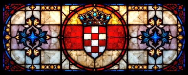 the image presents a stained glass design, displaying a shield at its center. the shield, divided into a checkerboard pattern with red and white squares, rests within a circular border