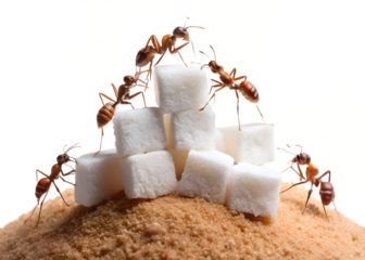 ant with sugar cubes isolated on white background. PNG Transparent file type with high definition quality And vibrant color grading Available.