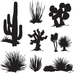 Desert Plant Silhouettes: Vector Illustration of Cactus, Yucca, and Desert Shrubs for Graphic Design and Southwestern Decor Projects