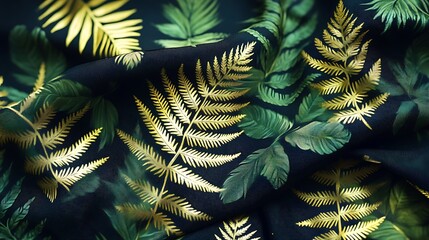 Luxurious foliage textile design featuring golden ferns and verdant leaves