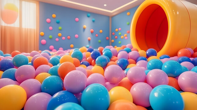 Colorful balls background for kids zone or children's playroom. Many colorful random bright soft balls background. Huge pile of colorful balls in different sizes. Vector background