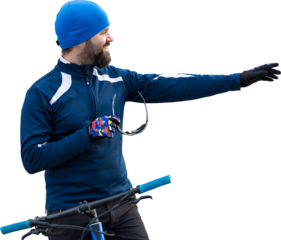 Sports brutal bearded guy on a modern mountain bike. A cyclist in a salt deserted place by the lake.