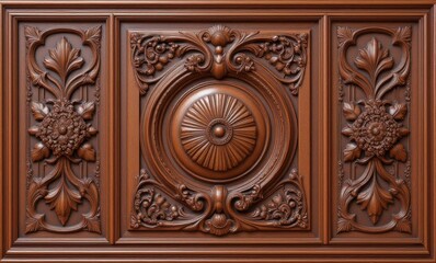 Intricately carved wooden panel featuring floral motifs and a central medallion.