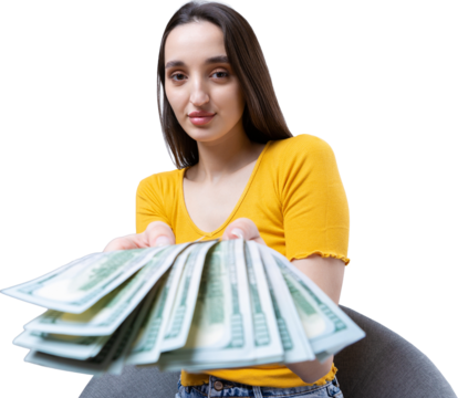 Photo of a wealthy woman in simple clothes holding a fan of dollar money isolated against a concrete wall background