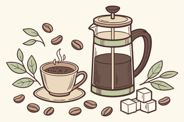 141 coffee beans, glass carafe with coffee, french press, hot coffee, ceramic cup, sugar cubes, mint leaves, food photography, realistic, high detail, studio lighting